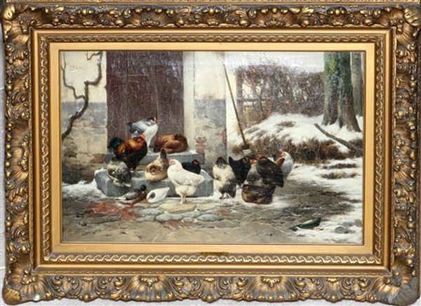 Chickens And Ducks In A Snowy Setting Oil Painting by Eugene Remy Maes