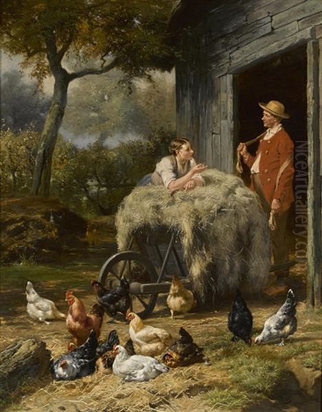 A Barnyard Chat Oil Painting by Eugene Remy Maes