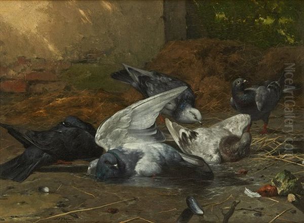 Les Pigeons Au Bain Oil Painting by Eugene Remy Maes