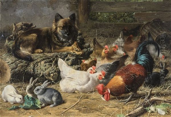 Le Gardien Du Poulailler Oil Painting by Eugene Remy Maes