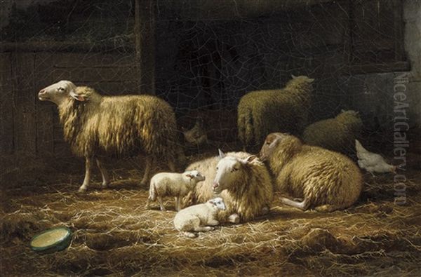 Interieur D'etable Avec Moutons Et Poules Oil Painting by Eugene Remy Maes