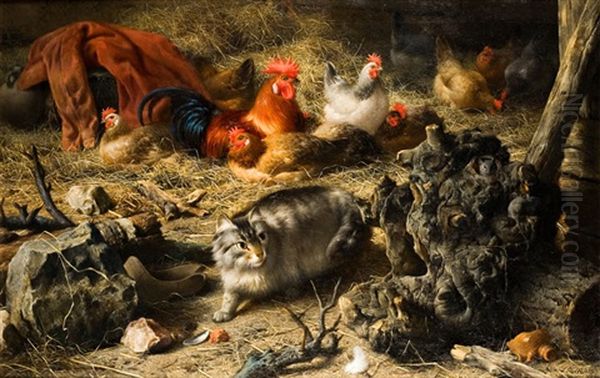 La Chasse A La Souris Dans La Grange Oil Painting by Eugene Remy Maes