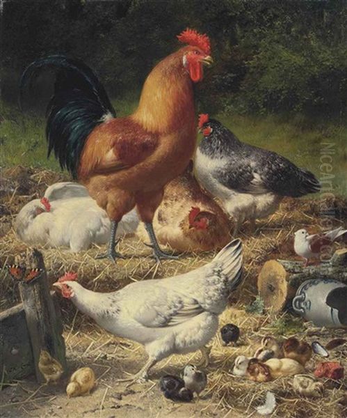 Hens And Chickens In A Farmyard Oil Painting by Eugene Remy Maes