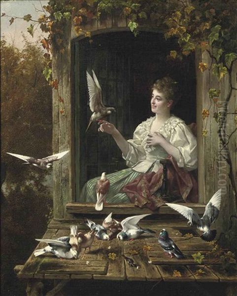 Feeding The Birds Oil Painting by Eugene Remy Maes