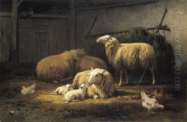 Schapen En Kippen In De Stal Oil Painting by Eugene Remy Maes