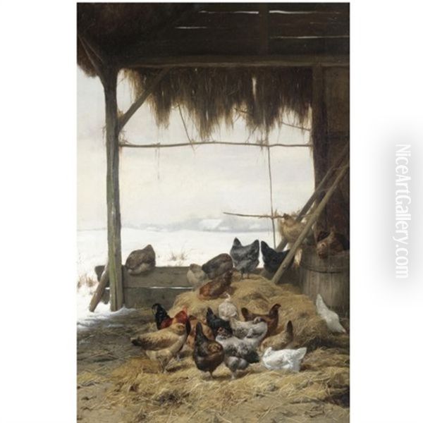 Chickens By A Hay Bail (+ Chickens In A Barn In Winter; Pair) Oil Painting by Eugene Remy Maes