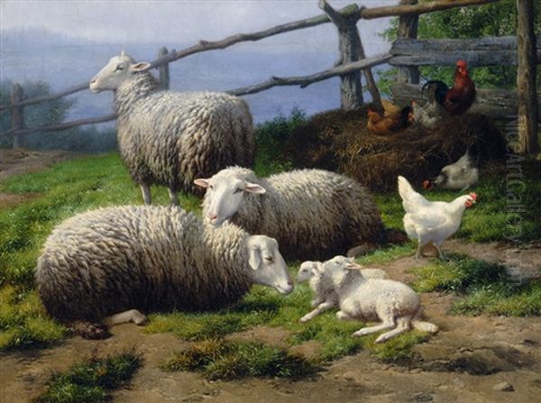 Sheep, Kids & Chickens In A Farm Yard Oil Painting by Eugene Remy Maes