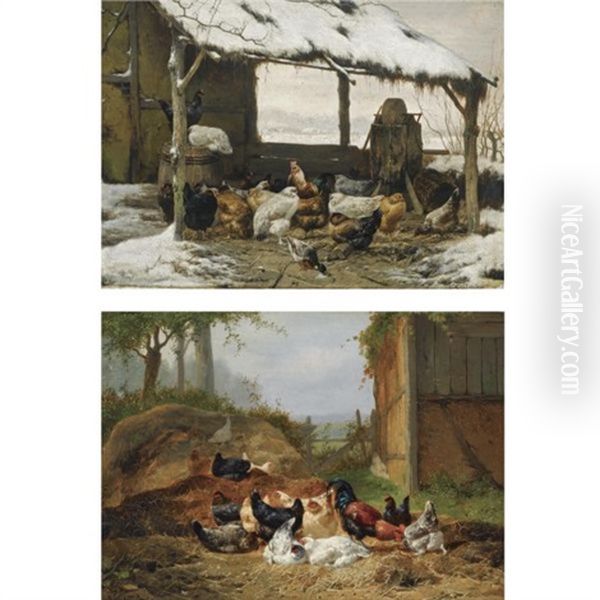 Poultry In A Snow Covered Shed (+ Poultry In A Sunlit Farmyard; Pair) Oil Painting by Eugene Remy Maes