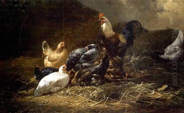 Chickens In A Barnyard Oil Painting by Eugene Remy Maes