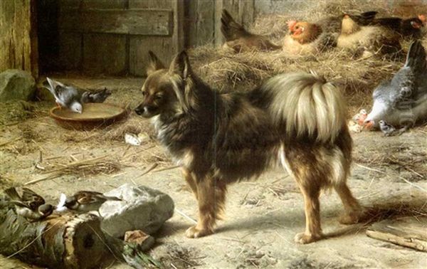 Chien Surveillant Le Poulailler Oil Painting by Eugene Remy Maes