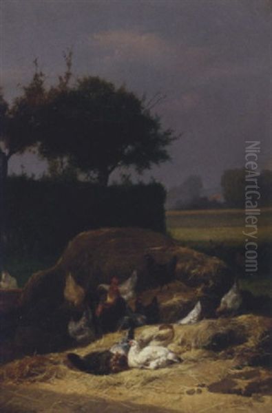 Chickens By A Hay Bail Oil Painting by Eugene Remy Maes