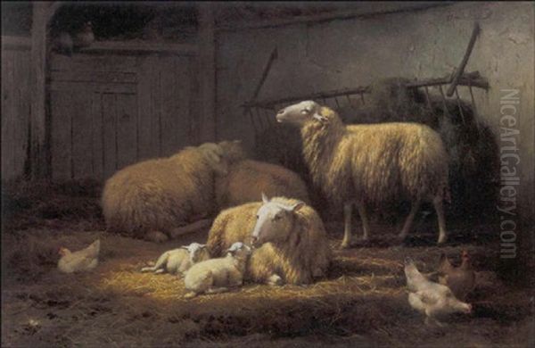 Schapen En Kippen In De Stal Oil Painting by Eugene Remy Maes