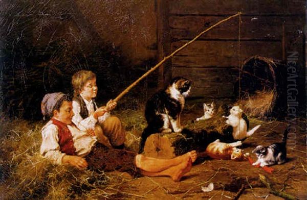 Playing In The Barn Oil Painting by Eugene Remy Maes