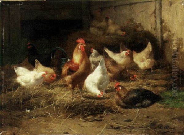 Roosters And Chickens Oil Painting by Eugene Remy Maes