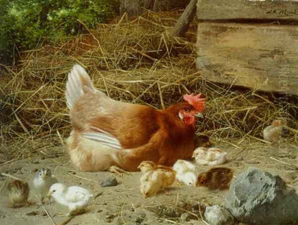 A Hen And Chicks Oil Painting by Eugene Remy Maes