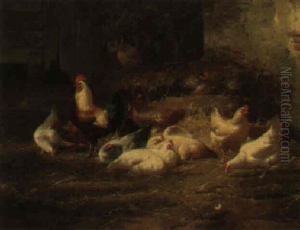 Poultry Before A Barn Oil Painting by Eugene Remy Maes