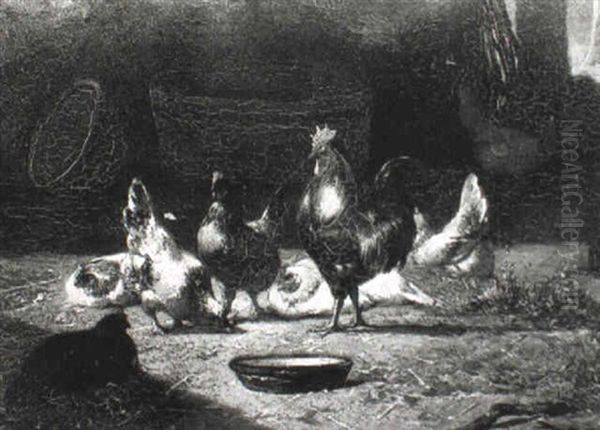 Poultry In A Yard Oil Painting by Eugene Remy Maes