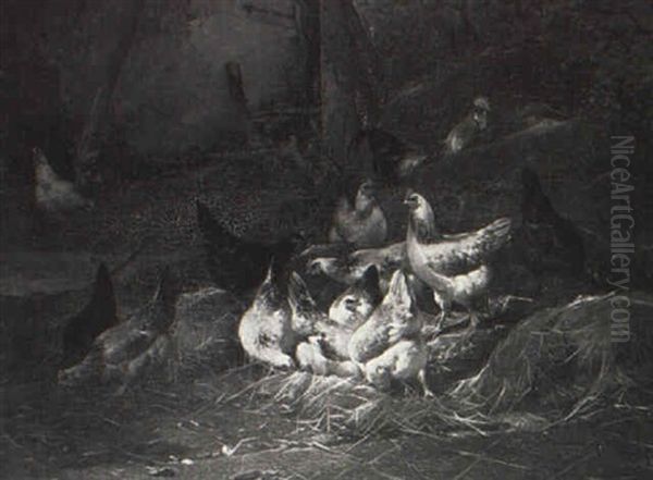 Hens And Rooster Oil Painting by Eugene Remy Maes