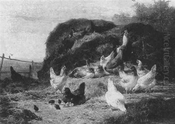 Chickens On A Haystack Oil Painting by Eugene Remy Maes