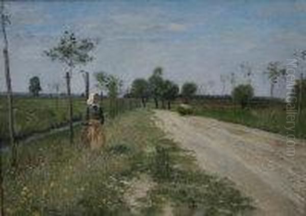 Woman On A Roadway With Loaded Barrow, Another Stood On Verge In Foreground In Headscarf Oil Painting by Fritz Bergen