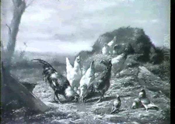 A Cockerel, Hens And Wood                                   Pigeons In A Farmyard Oil Painting by Eugene Remy Maes