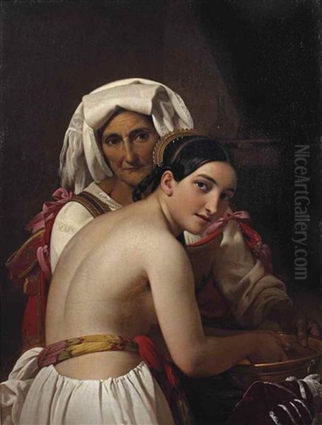 An Italian Beauty Bathing Oil Painting by Jean Baptist Lodewyck (Maes-Canini) Maes