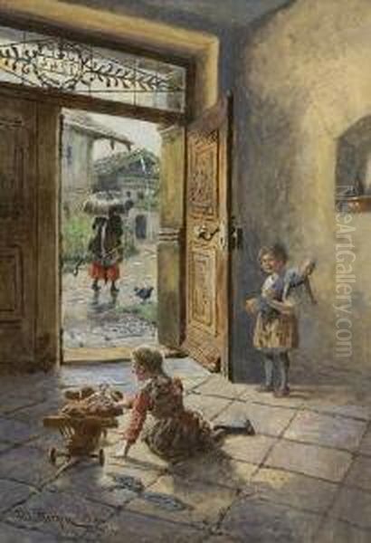 Spielende Madchen Im Hausflur. Oil Painting by Fritz Bergen