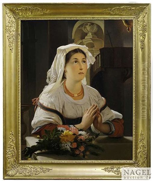 A Roman Woman In Prayer Oil Painting by Jean Baptist Lodewyck (Maes-Canini) Maes