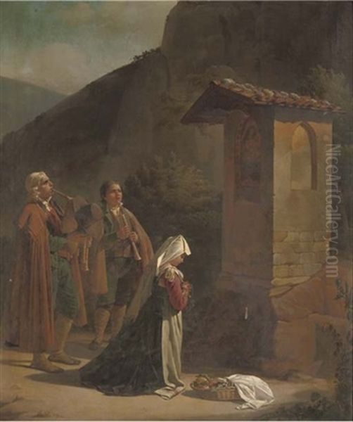 Musicians By A Roadside Chapel Oil Painting by Jean Baptist Lodewyck (Maes-Canini) Maes