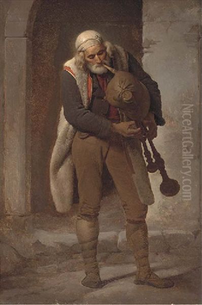 An Italian Pipe Player Oil Painting by Jean Baptist Lodewyck (Maes-Canini) Maes