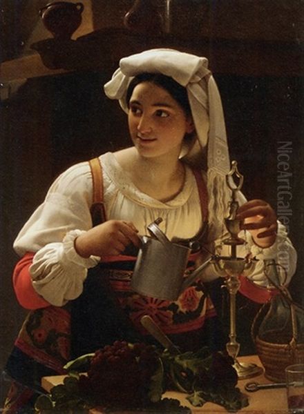 A Young Maiden Filling An Oil Lamp Oil Painting by Jean Baptist Lodewyck (Maes-Canini) Maes