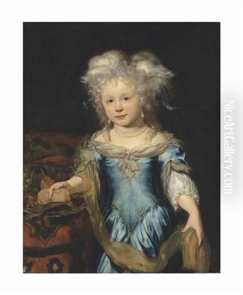 Portrait Of A Girl, Three-quarter-length, In A Blue Dress By A Fruit Bowl On A Draped Table Oil Painting by Nicolaes Maes