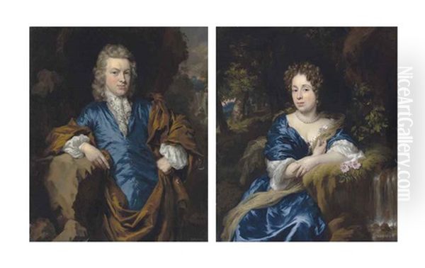 Portrait Of A Gentleman In Blue, Three-quarter-length; And Portrait Of A Lady In Blue, Three-quarter-length Oil Painting by Nicolaes Maes