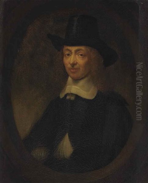 Portrait Of A Gentleman, Half-length, In A Painted Oval Oil Painting by Nicolaes Maes