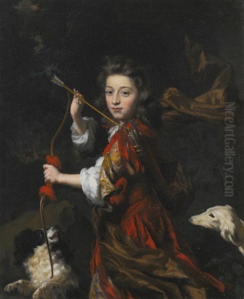 Portrait Of A Young Nobleman, Three-quarter-length, Wearing Red With A Brown Sash, Holding A Bow And A Quiver Of Arrows, With Two Dogs In A Wooded Landscape Oil Painting by Nicolaes Maes