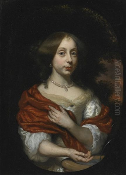 Portrait Of A Lady, Half-length, In A Red Shawl Oil Painting by Nicolaes Maes