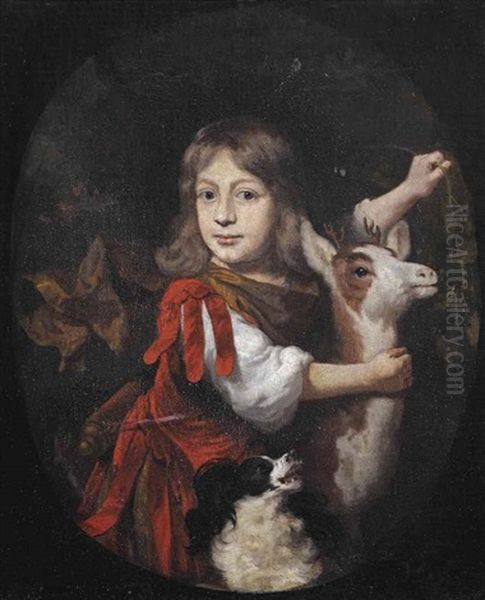 A Young Boy In A Fanciful Classical Costume With A Faun And A Spaniel Oil Painting by Nicolaes Maes