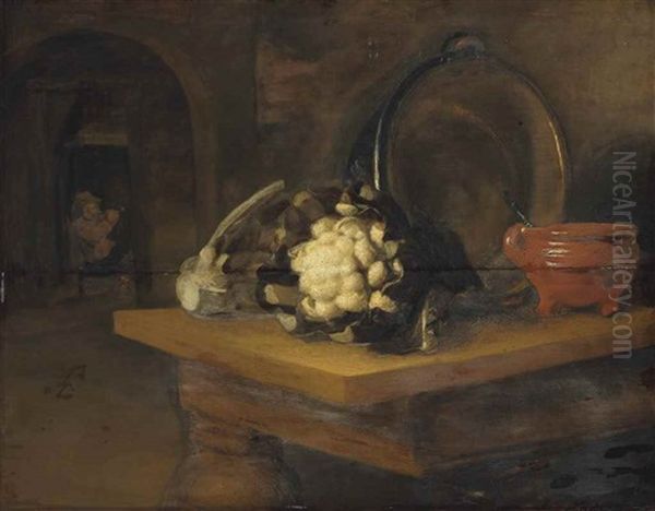 Cauliflowers, An Earthenware Bowl And A Copper Pot On A Table, A Man Smoking In An Interior Beyond Oil Painting by Nicolaes Maes