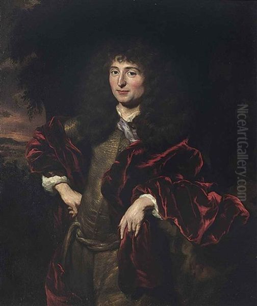 Portrait Of A Gentleman, Traditionally Identified As James Butler, 2nd Duke Of Ormonde, K.g. In A Golden Doublet And Red Mantle, A Wooded Landscape Beyond Oil Painting by Nicolaes Maes