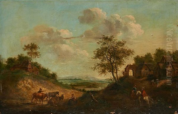 Scene Champetre Sur Fond De Village Oil Painting by Nicolaes Maes