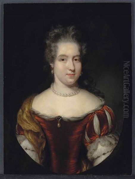 Portrait Of A Lady, Possibly From The Scholte Family, Half-length, In A Red Dress And Pearl Necklace, In A Painted Oval Oil Painting by Nicolaes Maes