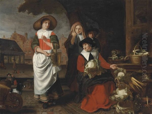 An Old Women At A Vegetable Stall, A Girl With A Milk Pail And Two Children, A Town Square Beyond Oil Painting by Nicolaes Maes