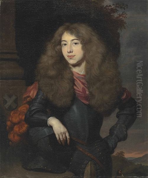 Portrait Of Joseph Hoeufft, Heer Van Lunenburg (1657-1700), Half-length, In Armour, His Right Arm Resting On A Helmet Oil Painting by Nicolaes Maes