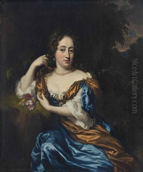 Portrait Of A Lady, Three-quarter-length, In A Blue And Gold Dress, In A Landscape Oil Painting by Nicolaes Maes