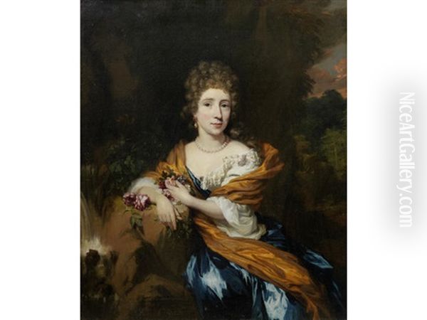 Portrait Of Baroness Van Heeckeren, Three-quarter-length, In A Blue Dress And Yellow Wrap, Seated Before A Landscape Oil Painting by Nicolaes Maes