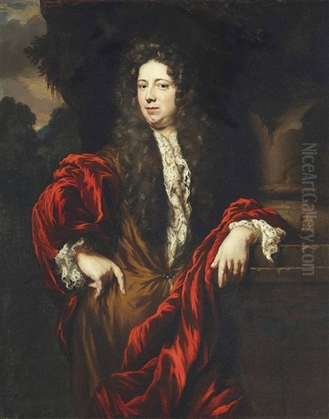 Portrait Of A Gentleman, Three-quarter-length, In A Brown Coat And White Stocking, With Lace Cuffs And Red Mantle, Standing Beside A Broken Column, In A Landscape Oil Painting by Nicolaes Maes