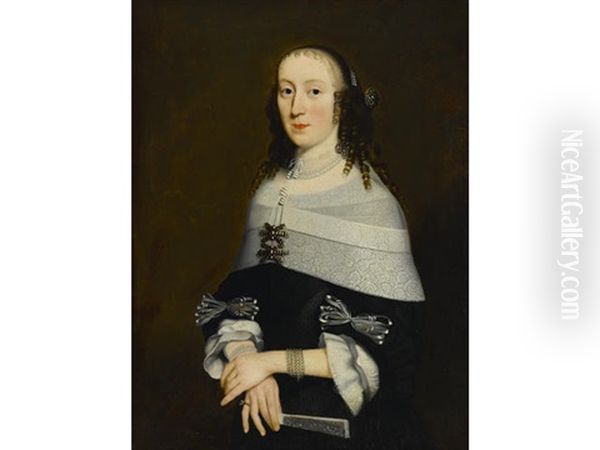 A Portrait Of A Lady, Half-length, Holding A Fan Oil Painting by Nicolaes Maes