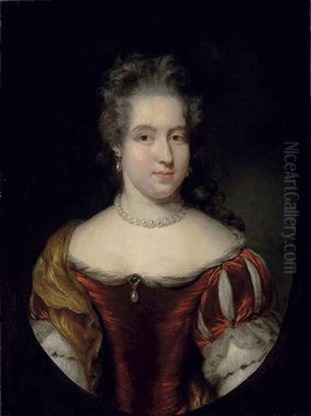 Portrait Of A Lady, Possibly From The Scholte Family, Half-length, In A Red Dress And Pearl Necklace, In A Painted Oval Oil Painting by Nicolaes Maes