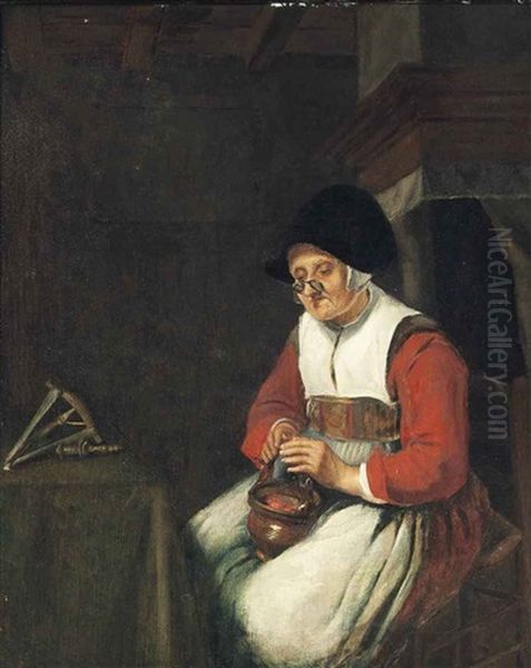 An Old Woman Seated In An Interior With A Flax Winder Oil Painting by Nicolaes Maes