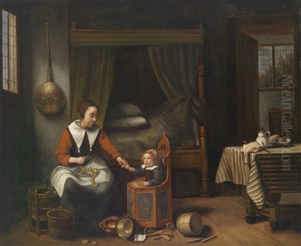 Hausliche Szenerie Mit Einer Apfel Schalenden Jungen Frau Und Einem Kleinkind Oil Painting by Nicolaes Maes